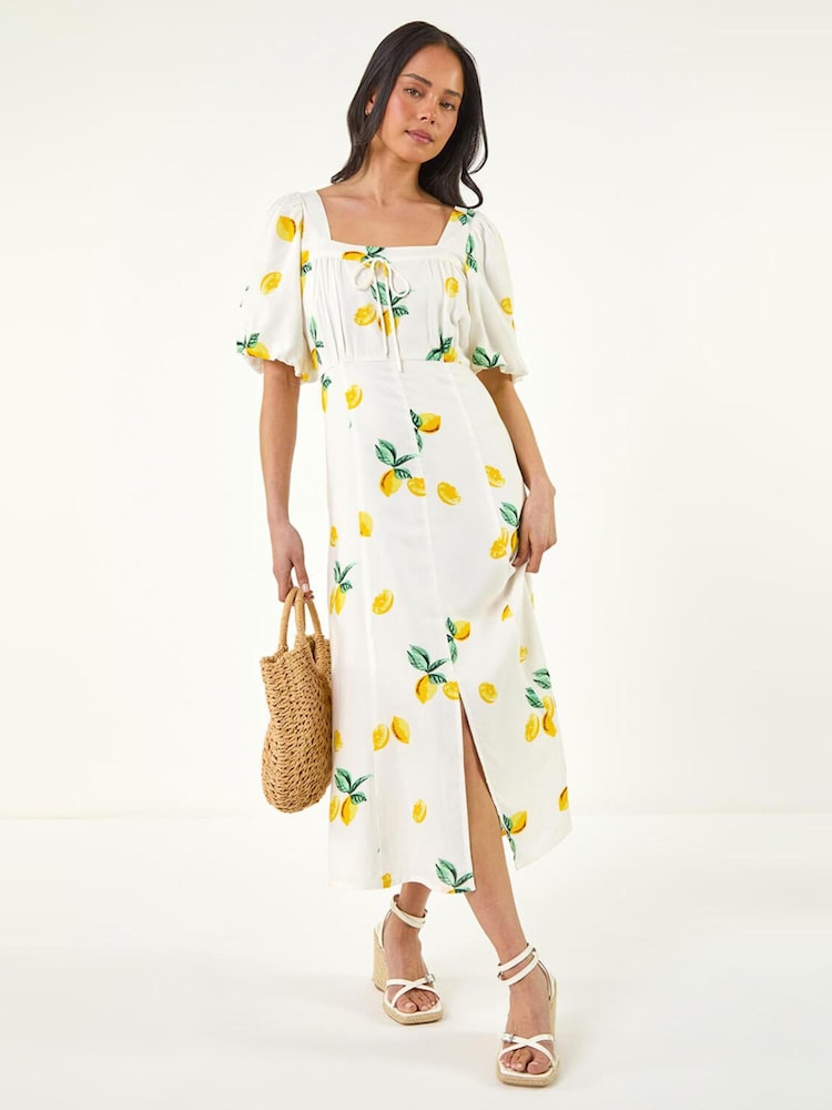 Roman White Petite Lemon Print Midi Dress - Image 2 of 5