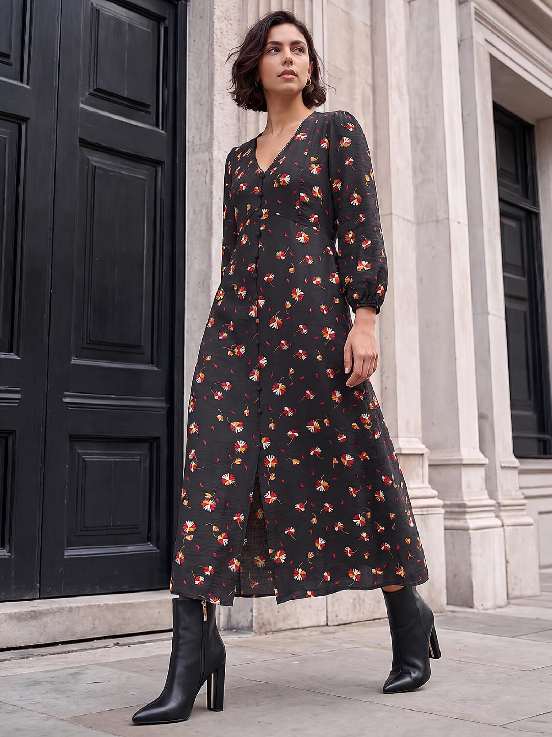 Roman Women's Lace Floral Print Midi Dress in Black | Size: 20 - Image 2