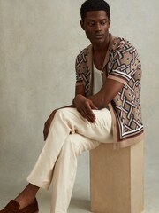 Reiss Camel Multi Hyde Knitted Cuban Collar Shirt - Image 1 of 6