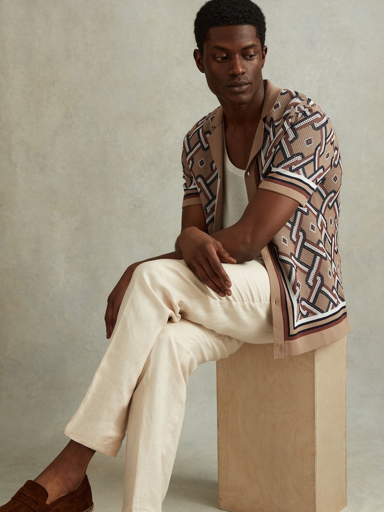 Reiss Camel Multi Hyde Knitted Cuban Collar Shirt - Image 1 of 6