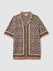 Reiss Camel Multi Hyde Knitted Cuban Collar Shirt - Image 2 of 6
