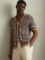 Reiss Camel Multi Hyde Knitted Cuban Collar Shirt - Image 4 of 6