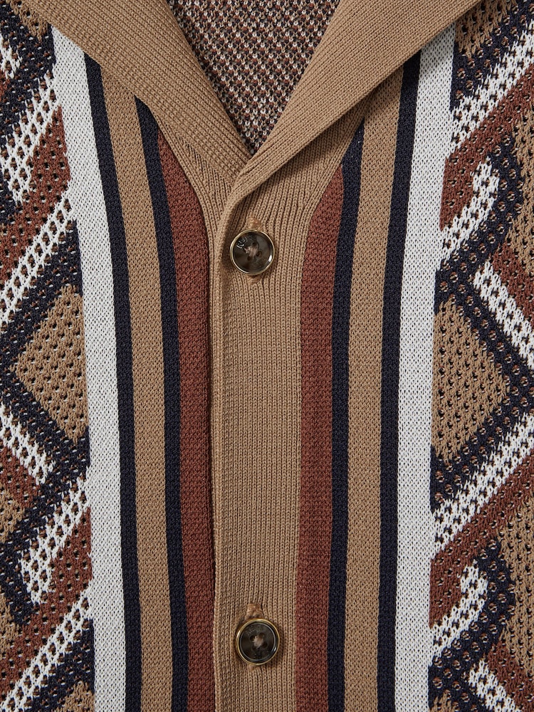 Reiss Camel Multi Hyde Knitted Cuban Collar Shirt - Image 6 of 6