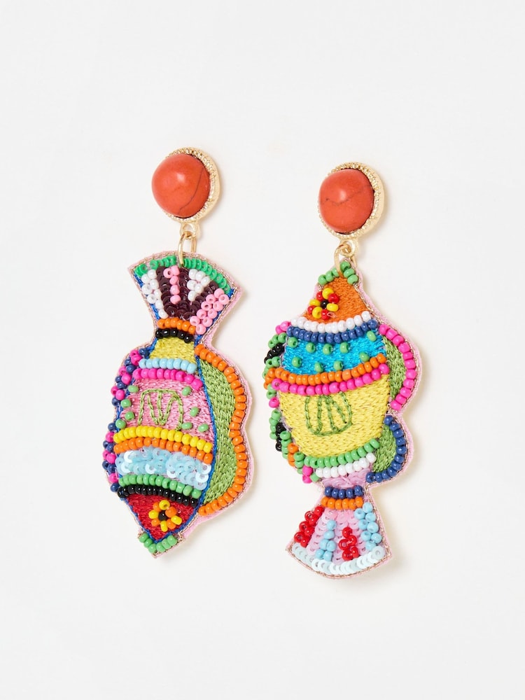 Oliver Bonas Orange Mabel Embroidered Fish Large Statement Earrings - Image 1 of 4