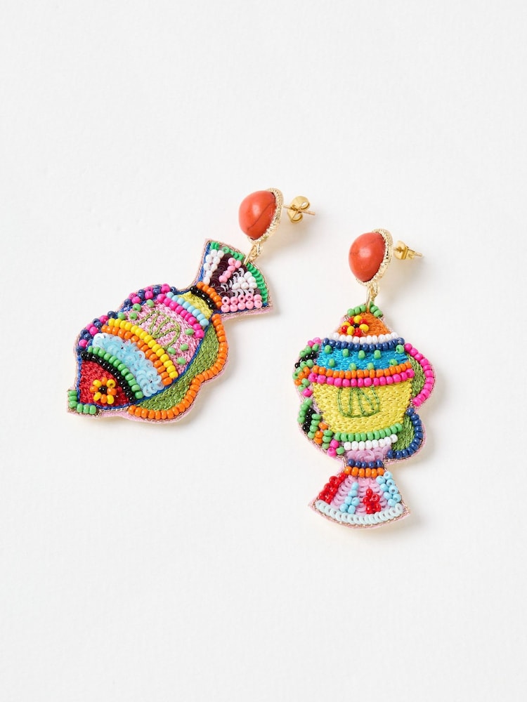Oliver Bonas Orange Mabel Embroidered Fish Large Statement Earrings - Image 2 of 4