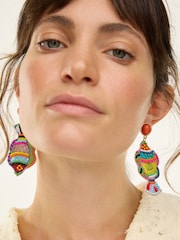 Oliver Bonas Orange Mabel Embroidered Fish Large Statement Earrings - Image 4 of 4