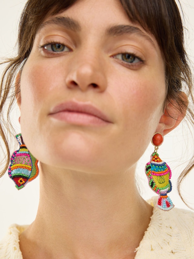 Oliver Bonas Orange Mabel Embroidered Fish Large Statement Earrings - Image 4 of 4