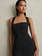 Reiss Black Nylah Cross-Back Belted Bodycon Midi Dress - Image 1 of 6