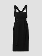 Reiss Black Nylah Cross-Back Belted Bodycon Midi Dress - Image 2 of 6
