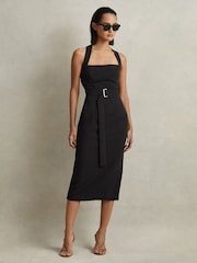 Reiss Black Nylah Cross-Back Belted Bodycon Midi Dress - Image 3 of 6