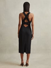 Reiss Black Nylah Cross-Back Belted Bodycon Midi Dress - Image 5 of 6