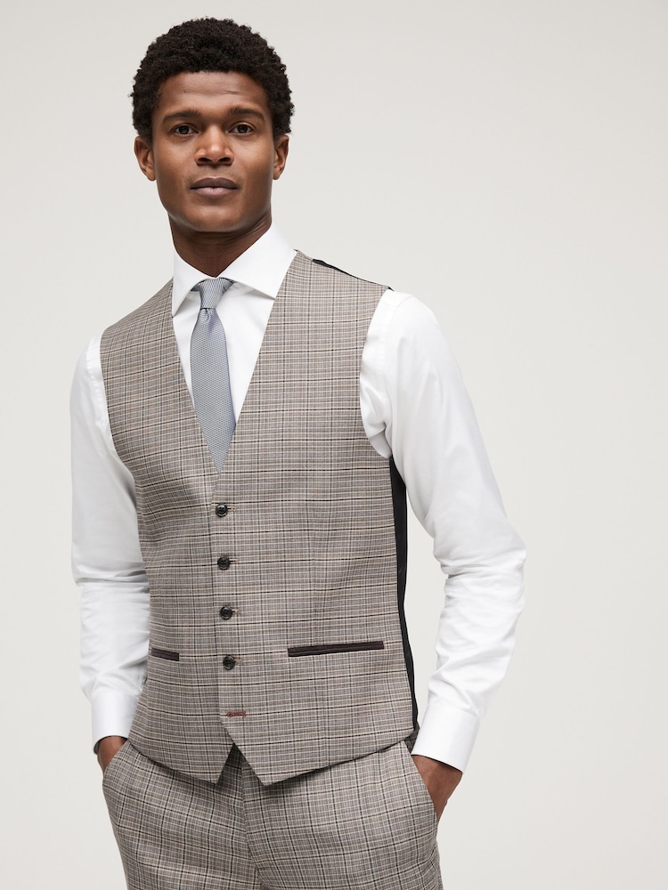Taupe Trimmed Check Suit: Waistcoat - Image 1 of 1