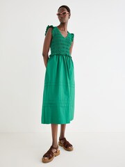 Oliver Bonas Green Shirred Bodice V-Neck Sleeveless Midi Dress - Image 1 of 7