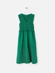 Oliver Bonas Green Shirred Bodice V-Neck Sleeveless Midi Dress - Image 3 of 7