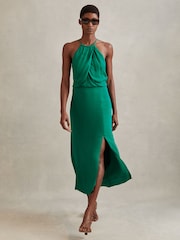 Reiss Green Elliana Drape Front Midi Dress - Image 3 of 5