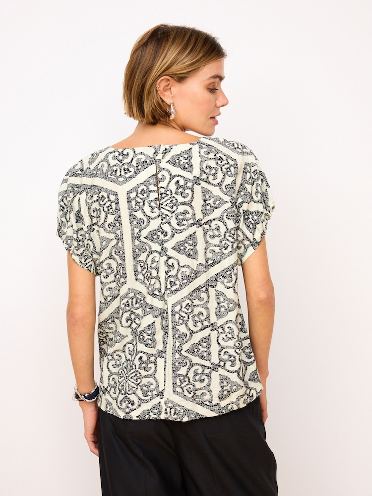 Black & White Tile Gathered Short Sleeve Textured Boxy T-Shirt - Image 2 of 5