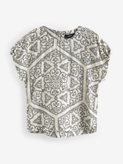 Black & White Tile Gathered Short Sleeve Textured Boxy T-Shirt - Image 4 of 5