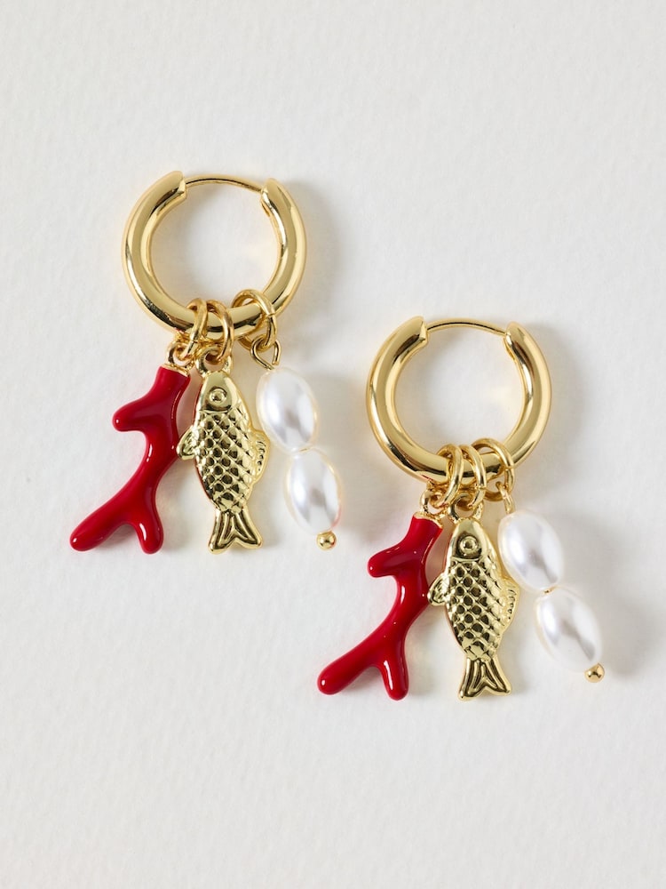 Oliver Bonas Red Fish, Coral & Faux Pearl Charm Drop Hoop Earrings - Image 1 of 3