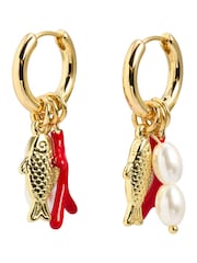 Oliver Bonas Red Fish, Coral & Faux Pearl Charm Drop Hoop Earrings - Image 2 of 3