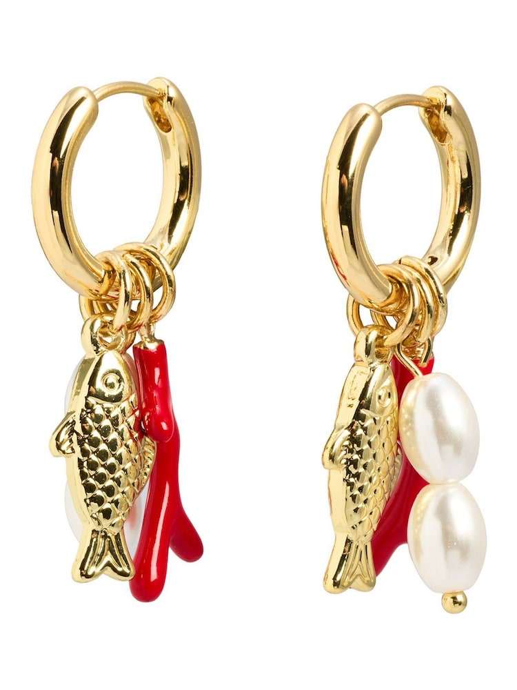 Oliver Bonas Red Fish, Coral & Faux Pearl Charm Drop Hoop Earrings - Image 2 of 3