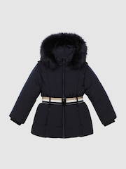 Reiss Navy Cara 4-9 yrs Quilted Faux Fur Hooded Coat - Image 2 of 7