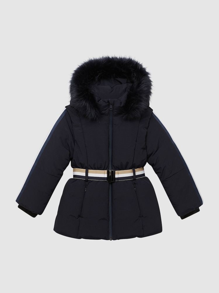 Reiss Navy Cara 4-9 yrs Quilted Faux Fur Hooded Coat - Image 2 of 7