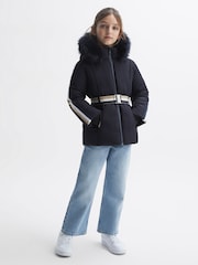 Reiss Navy Cara 4-9 yrs Quilted Faux Fur Hooded Coat - Image 3 of 7