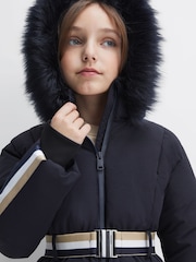 Reiss Navy Cara 4-9 yrs Quilted Faux Fur Hooded Coat - Image 4 of 7