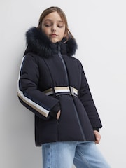 Reiss Navy Cara 4-9 yrs Quilted Faux Fur Hooded Coat - Image 6 of 7