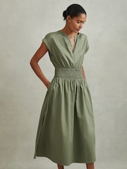 Reiss Green Lena Cotton Ruched Waist Midi Dress - Image 1 of 6