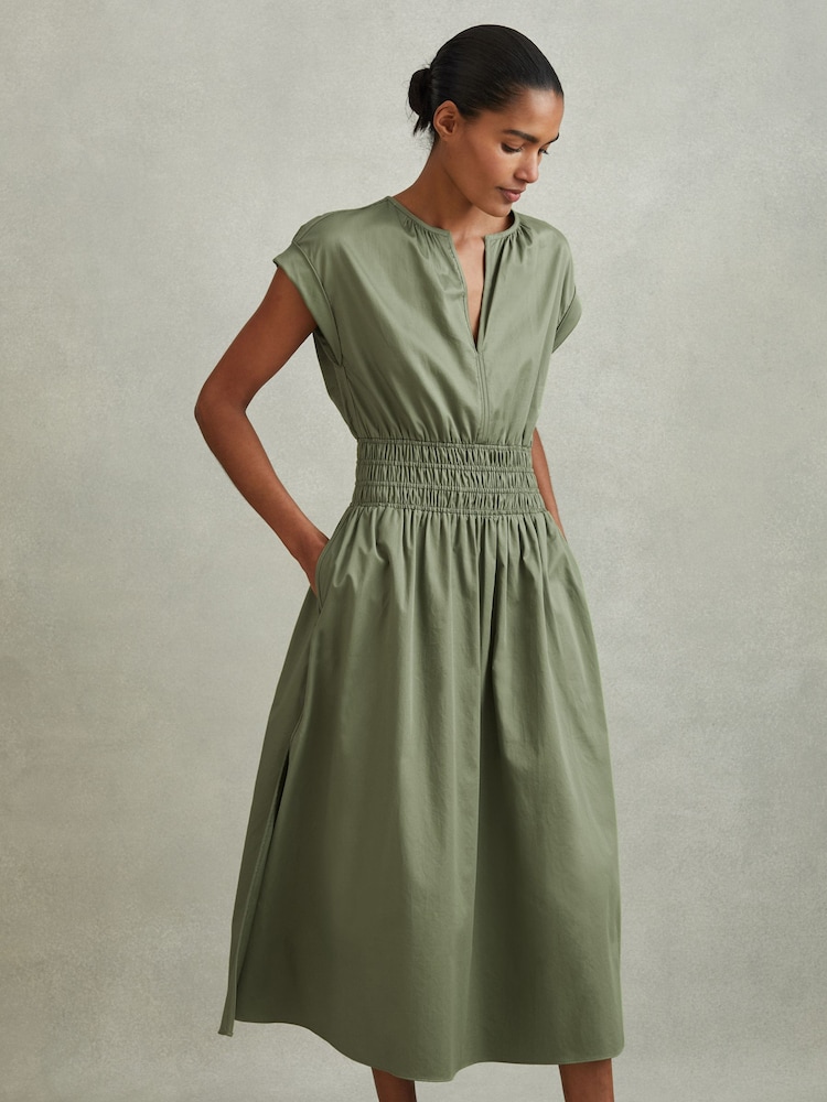 Reiss Green Lena Cotton Ruched Waist Midi Dress - Image 1 of 6