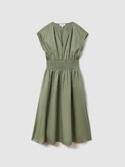 Reiss Green Lena Cotton Ruched Waist Midi Dress - Image 2 of 6
