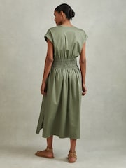 Reiss Green Lena Cotton Ruched Waist Midi Dress - Image 4 of 6