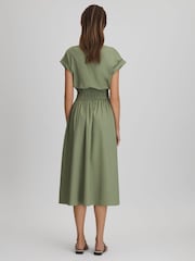 Reiss Green Lena Cotton Ruched Waist Midi Dress - Image 5 of 6