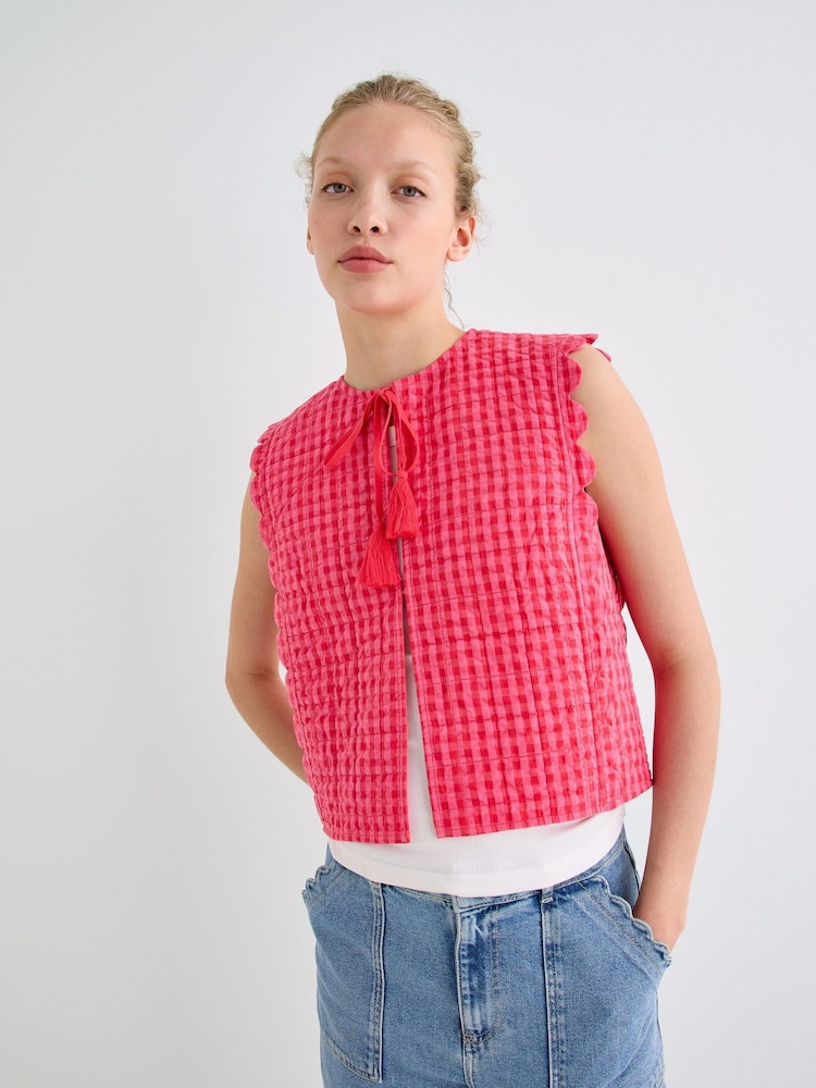 Oliver Bonas Pink Gingham Tie Front Quilted Gilet - Image 1 of 7