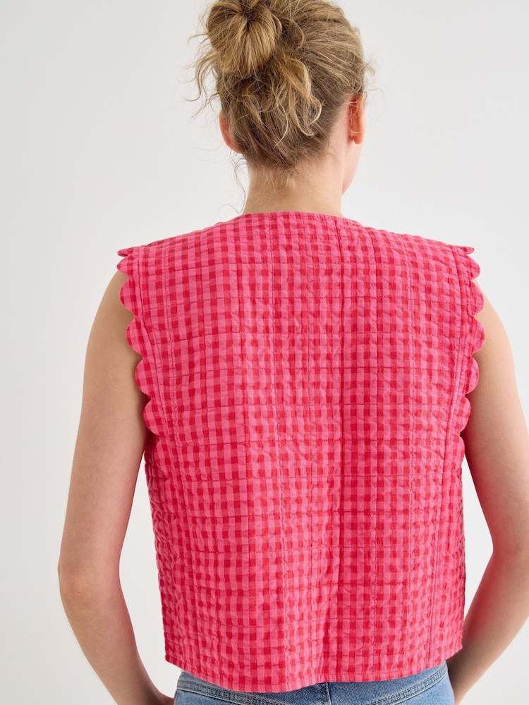 Oliver Bonas Pink Gingham Tie Front Quilted Gilet - Image 2 of 7