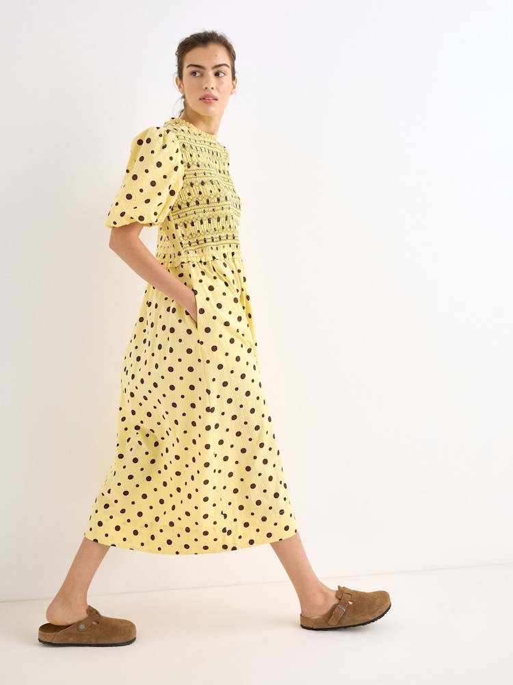 Oliver Bonas Butter Yellow & Brown Polka Dot Shirred Bodice Midi Dress - Image 1 of 7