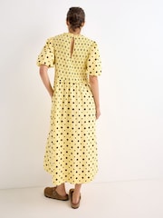 Oliver Bonas Butter Yellow & Brown Polka Dot Shirred Bodice Midi Dress - Image 2 of 7
