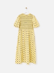 Oliver Bonas Butter Yellow & Brown Polka Dot Shirred Bodice Midi Dress - Image 3 of 7