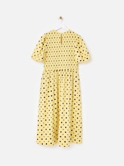 Oliver Bonas Butter Yellow & Brown Polka Dot Shirred Bodice Midi Dress - Image 4 of 7