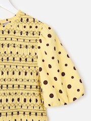 Oliver Bonas Butter Yellow & Brown Polka Dot Shirred Bodice Midi Dress - Image 6 of 7