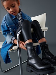 Black Chunky Zip Front Leather Ankle Boots - Image 1 of 9