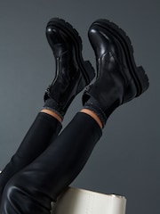 Black Chunky Zip Front Leather Ankle Boots - Image 3 of 9