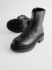 Black Chunky Zip Front Leather Ankle Boots - Image 6 of 9