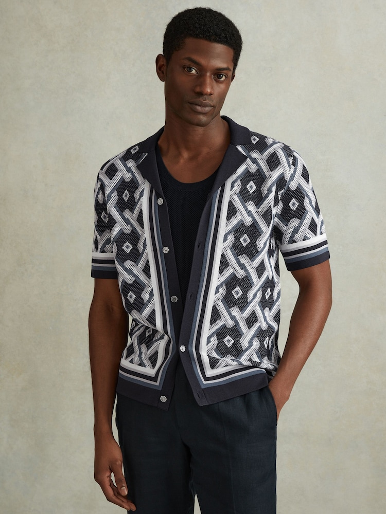Reiss Navy Multi Hyde Knitted Cuban Collar Shirt - Image 1 of 6 Reiss Navy Multi Hyde Knitted Cuban Collar Shirt - Image 1 of 6