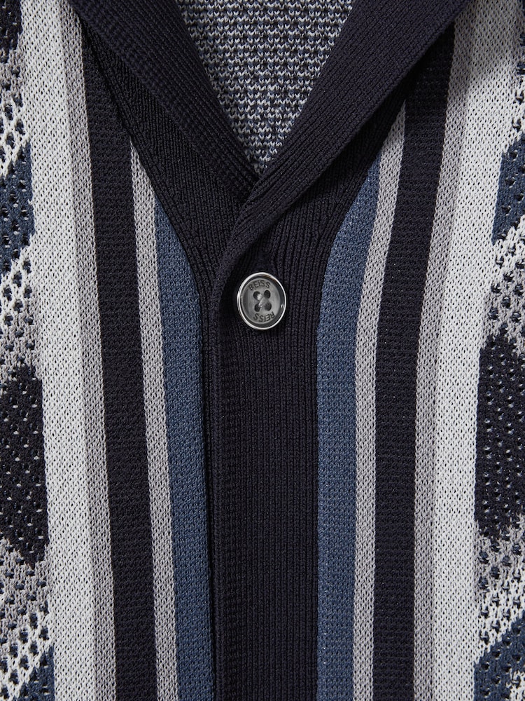 Reiss Navy Multi Hyde Knitted Cuban Collar Shirt - Image 6 of 6 Reiss Navy Multi Hyde Knitted Cuban Collar Shirt - Image 6 of 6