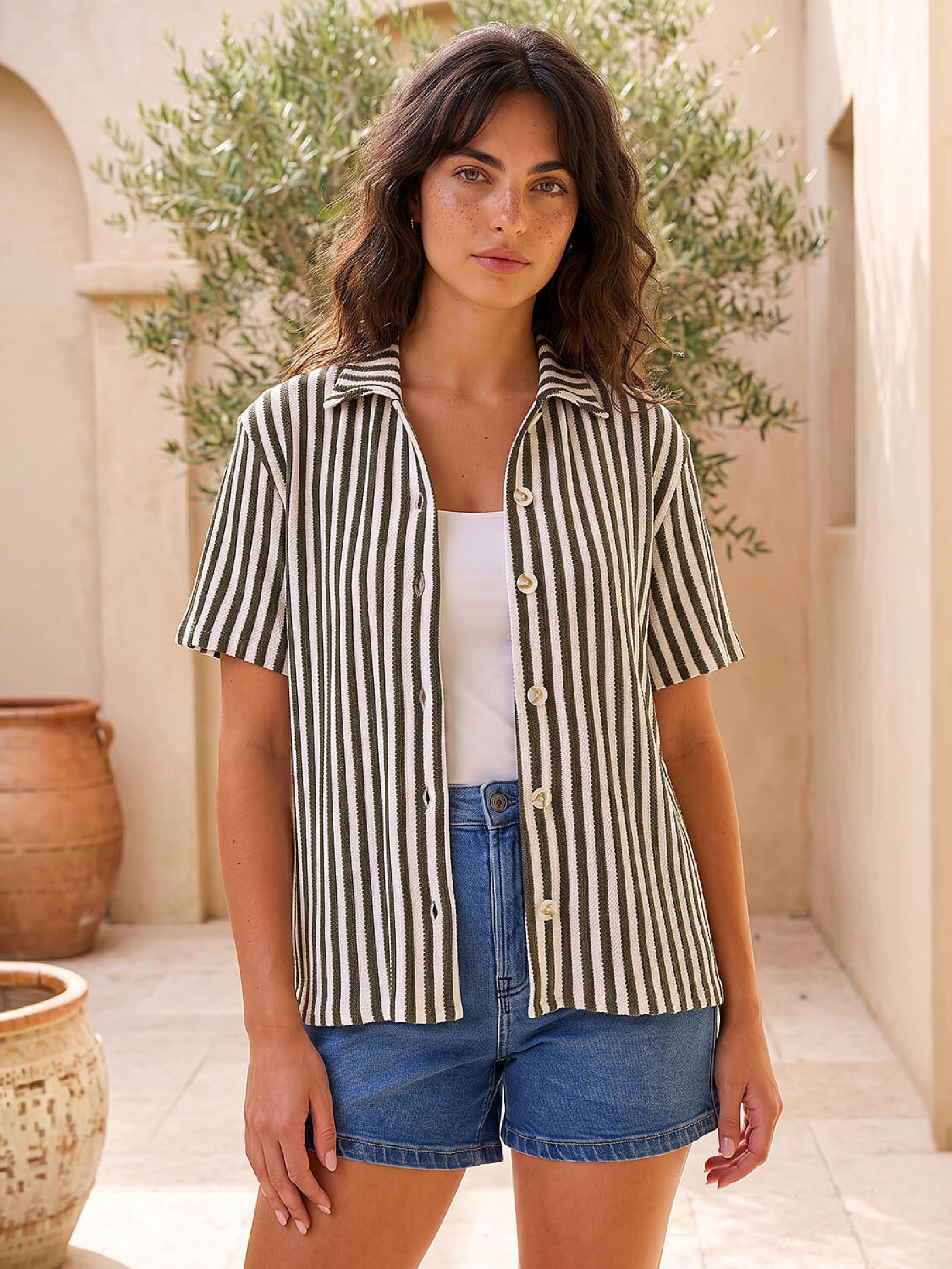 Roman Women's Green Relaxed Stripe Shirt