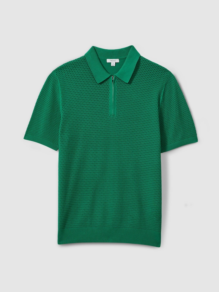 Reiss Bright Green Burnham Cotton Blend Textured Half Zip Polo Shirt - Image 2 of 6