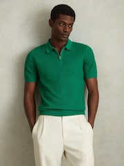 Reiss Bright Green Burnham Cotton Blend Textured Half Zip Polo Shirt - Image 3 of 6