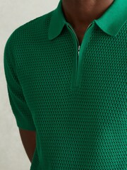 Reiss Bright Green Burnham Cotton Blend Textured Half Zip Polo Shirt - Image 4 of 6